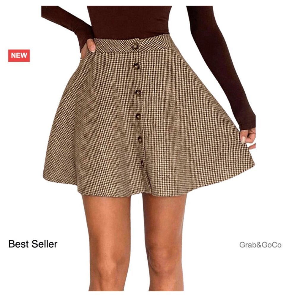 Vintage Plaid Button Mini Skirt High Waist A Line Flared Pleated Retro